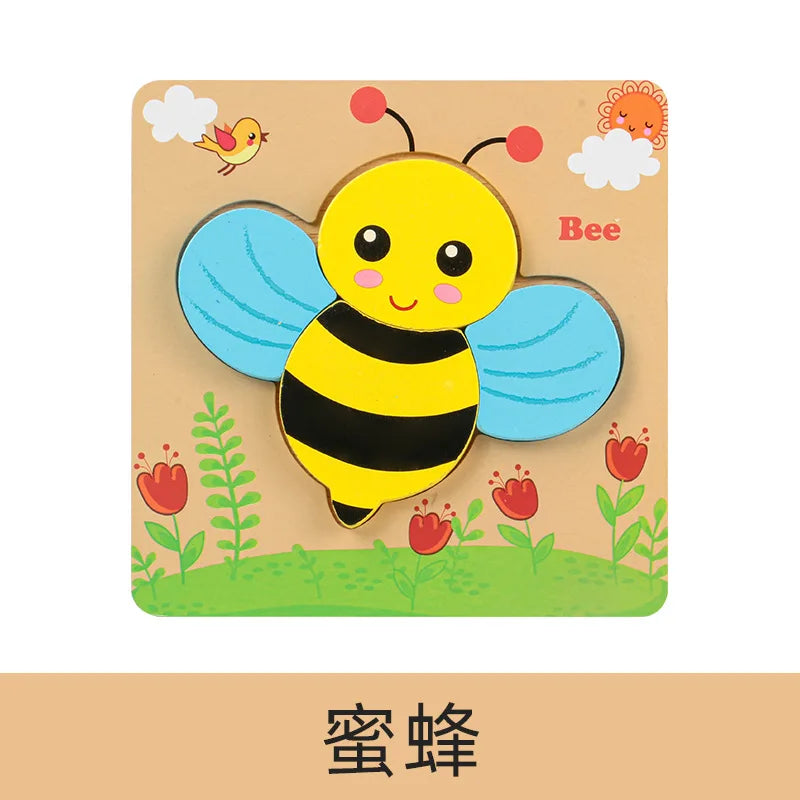 A wooden puzzle featuring a yellow bee with blue wings and black stripes, set in a grassy outdoor scene.