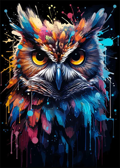 A vibrant watercolor painting of an owl's face with bright feathers and intense yellow eyes.