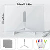 A white glowing LED message board with a silver stand and a set of colored pens and an eraser.