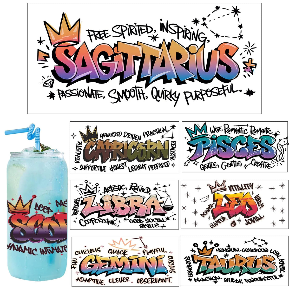 A collection of zodiac sign graffiti art stickers featuring Sagittarius, Capricorn, Pisces, Libra, Leo, Gemini, and Taurus.