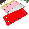 A set of four pink and red PU leather crochet bags with pre-punched holes arranged diagonally.