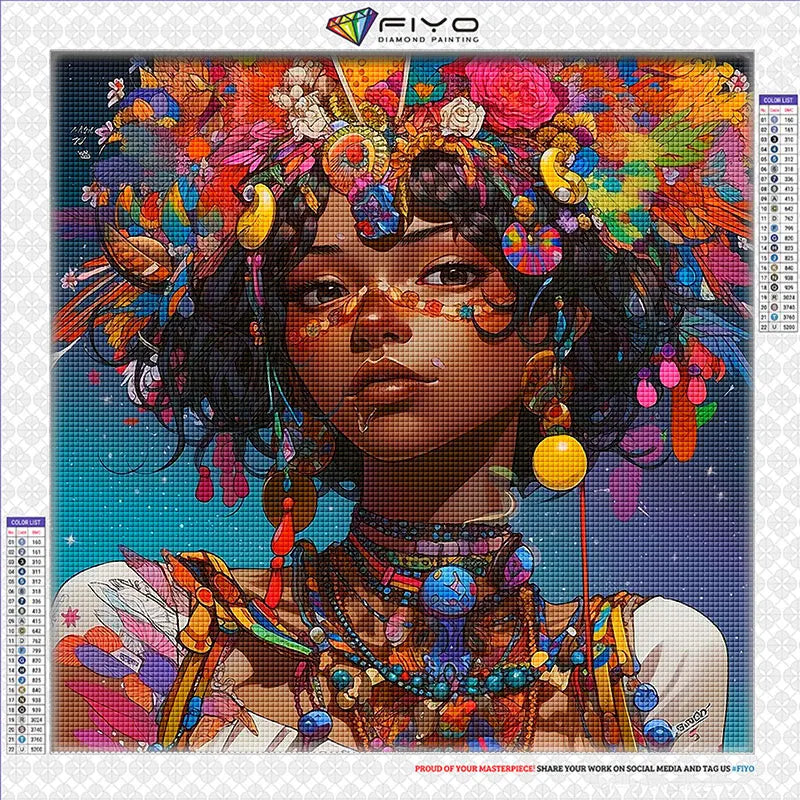 A vibrant diamond painting portrait of an African woman with colorful floral headpiece and elaborate jewelry.