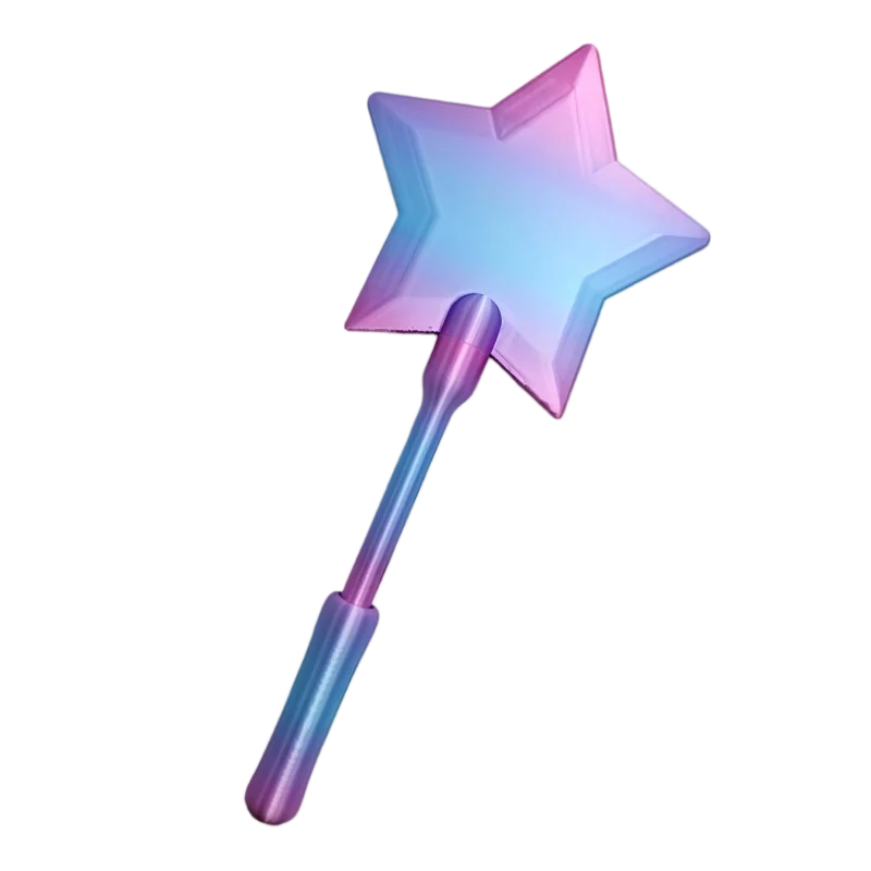 A 3D printed magic wand with a star-shaped head and a translucent purple glow.