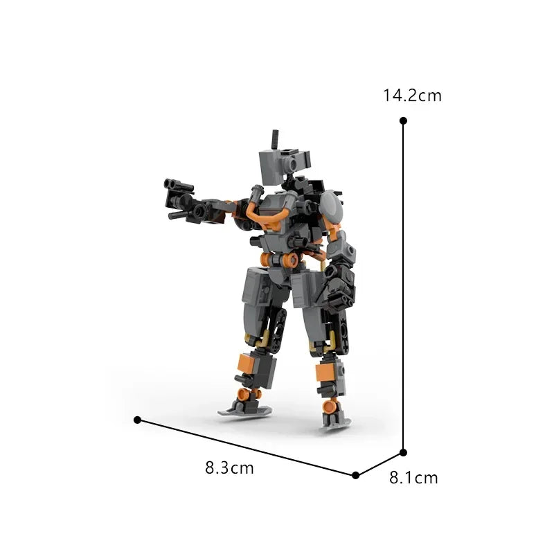 A detailed model of an exoskeleton combat robot built from building blocks, shown in a side view.
