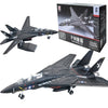 A scale model kit of an F-14 Thunderbolt jet in a dark gray finish, displayed alongside its packaging.
