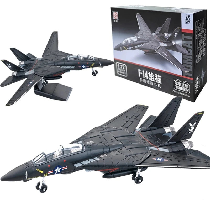 A scale model kit of an F-14 Thunderbolt jet in a dark gray finish, displayed alongside its packaging.