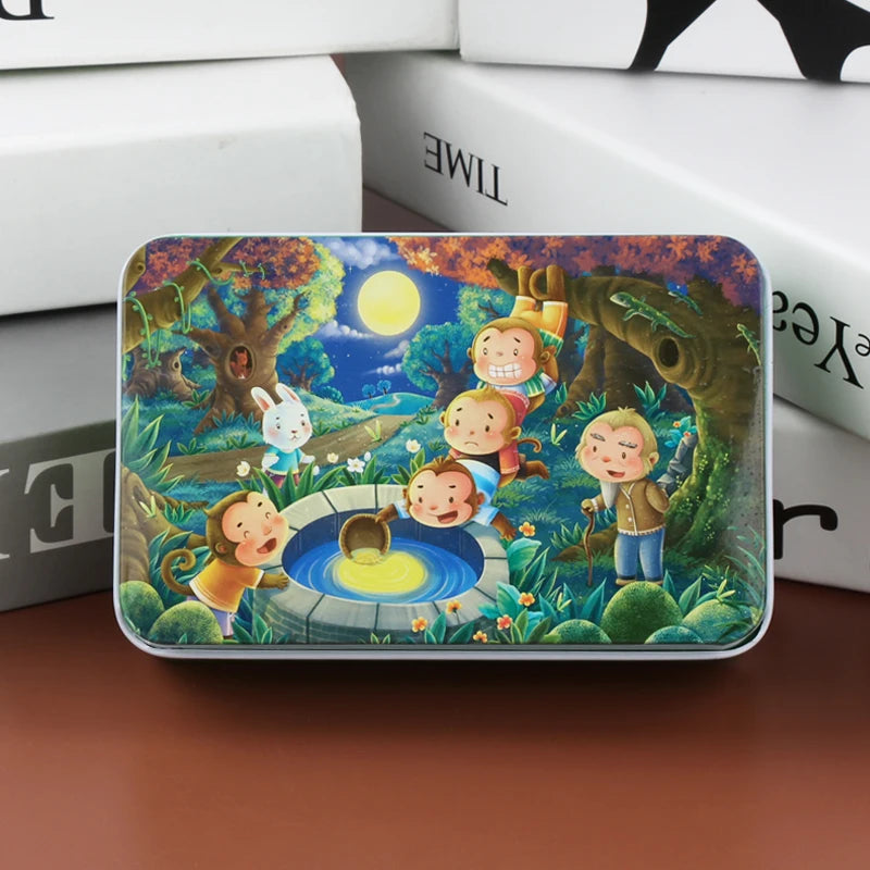 A rectangular jigsaw puzzle featuring woodland animals and a sun in a forest setting.