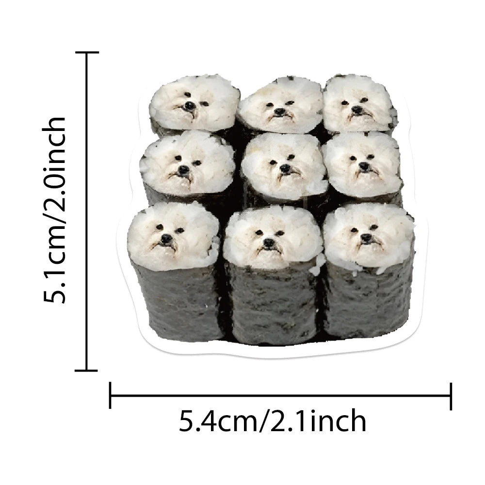 A pack of seven cute white fluffy dog stickers arranged in a grid.