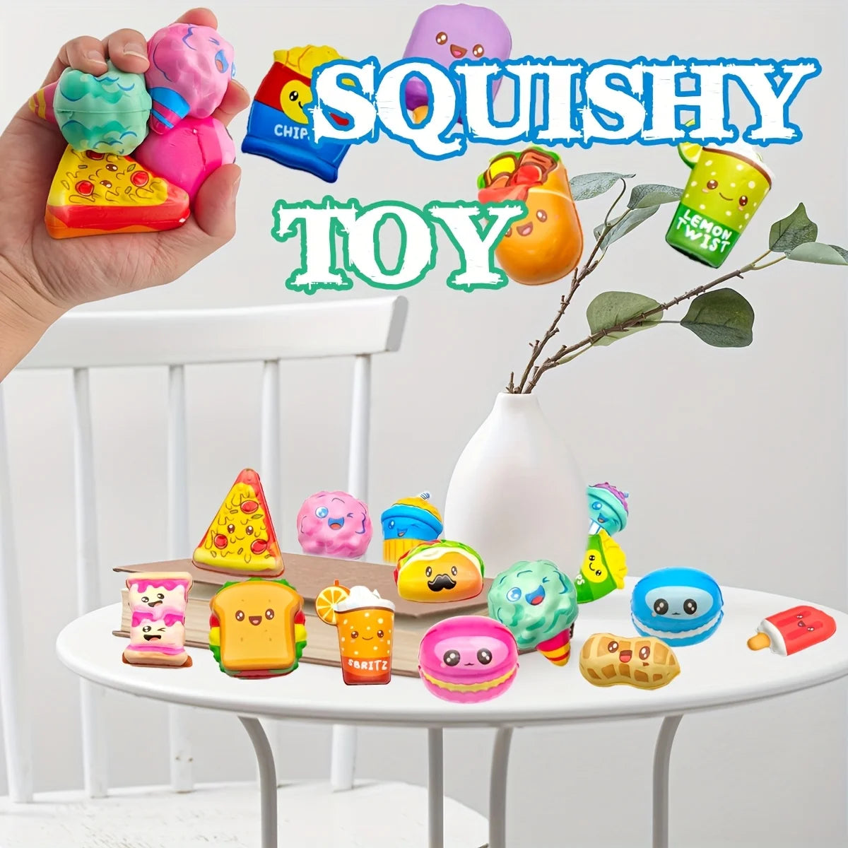 Assorted pack of 12 squishy toys featuring various food shapes like fruit and bread in bright colors
