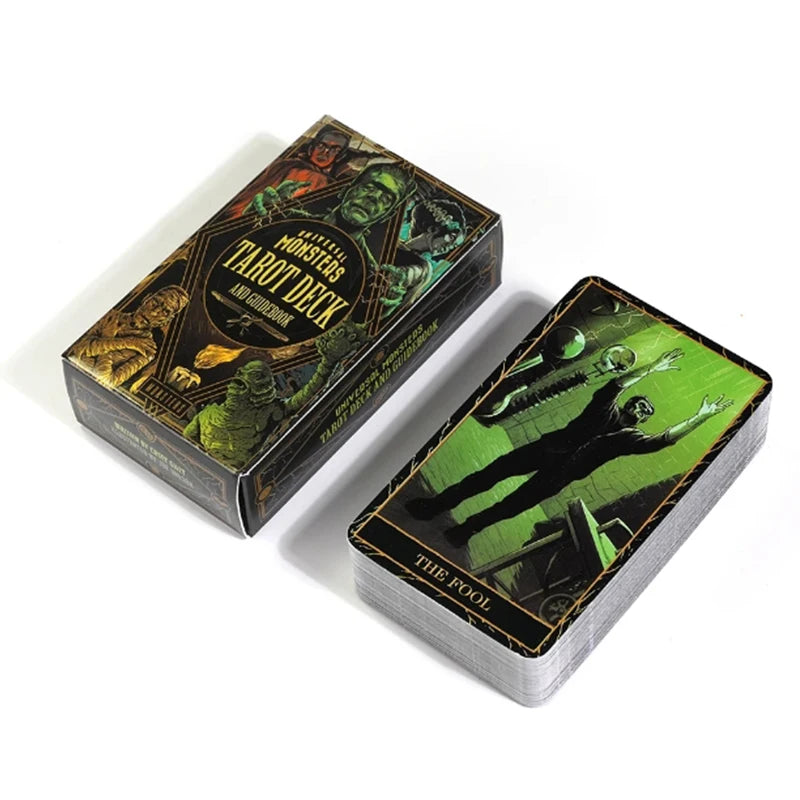 A box of the Universal Monsters Tarot Deck featuring various monster figures and tarot imagery.