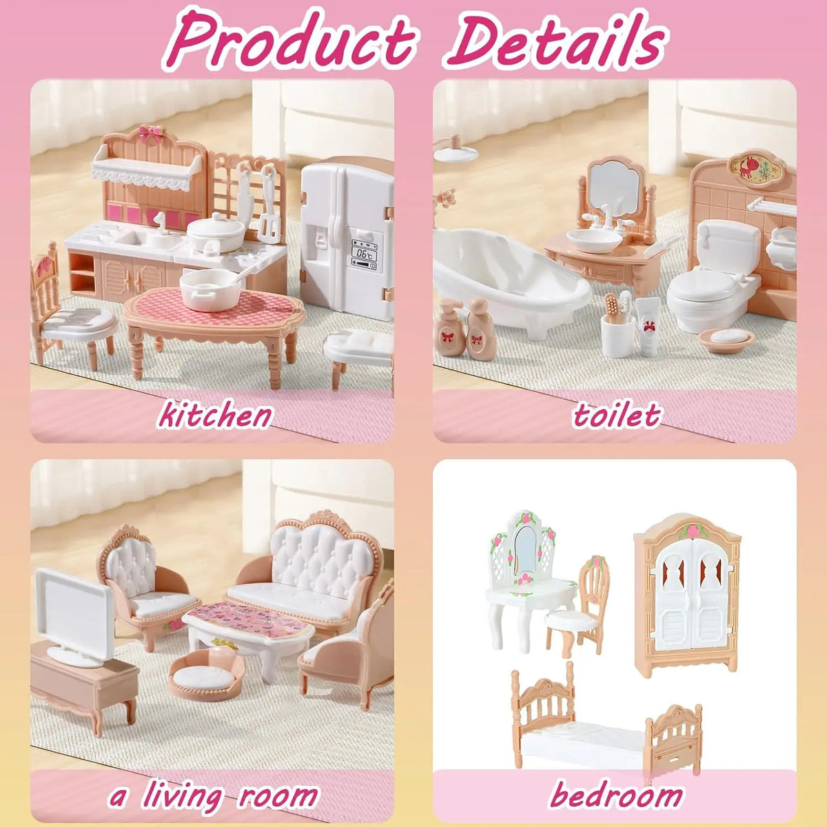 Dollhouse Furniture Set for Pretend Play – 3-Room Miniature Collection