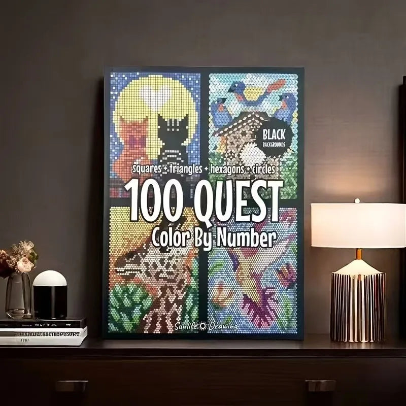 Gerahmte 100 Quest Farb-by-Nummer-Digitalkunst mit verschiedenen Tieren und Formen.