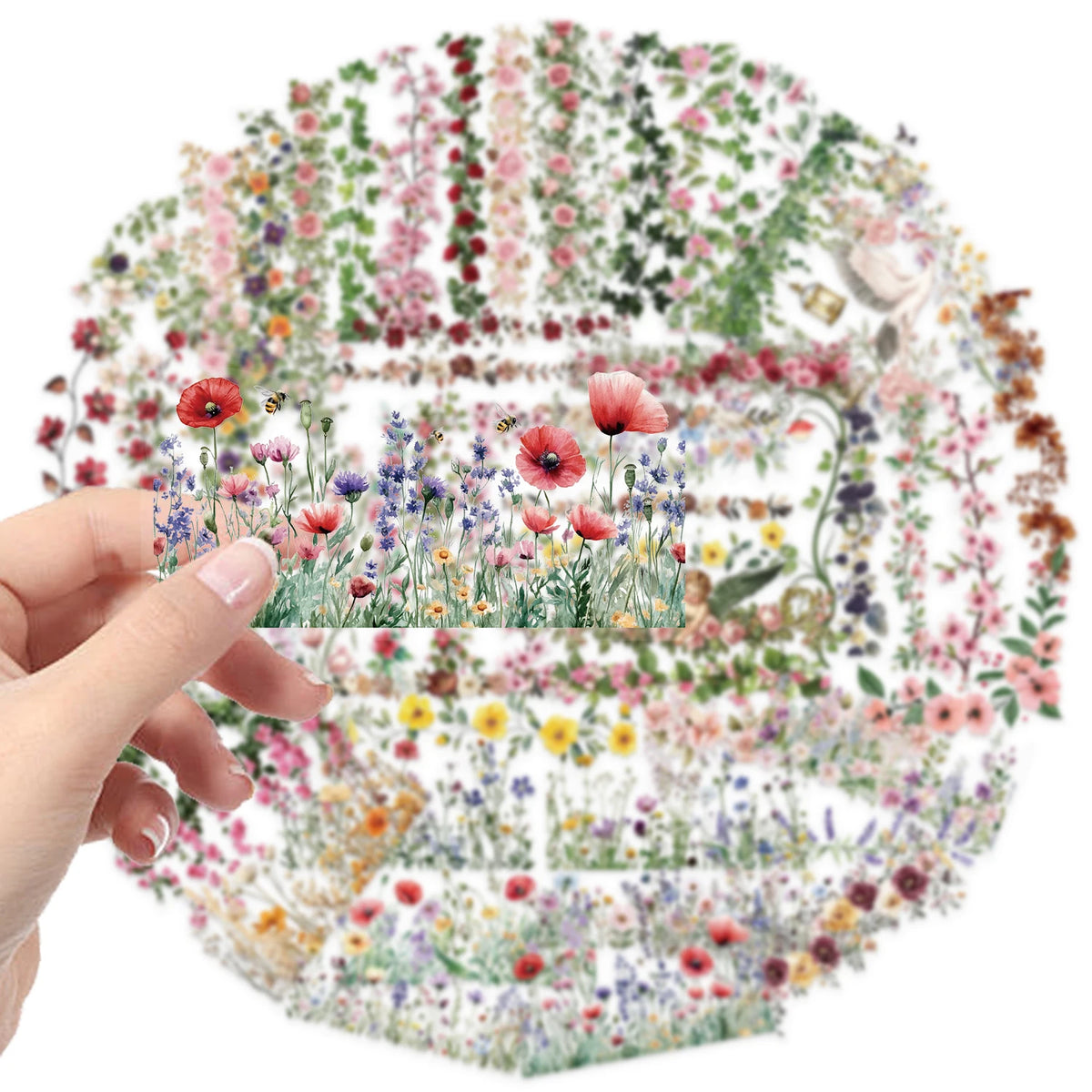 A hand holds a circular floral lace PET sticker pack featuring roses and morning glory vine decor.
