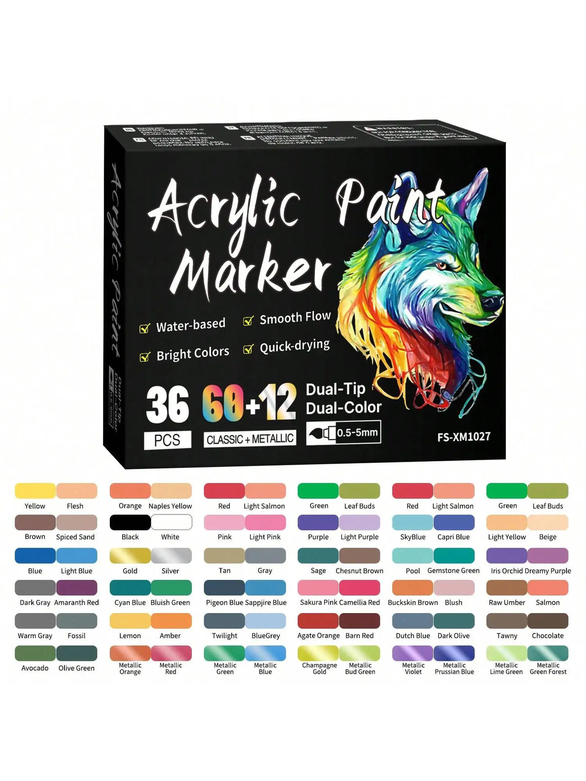 A box of 36 Dual-Tip Acrylic Paint Markers featuring a wolf design and various bright colors