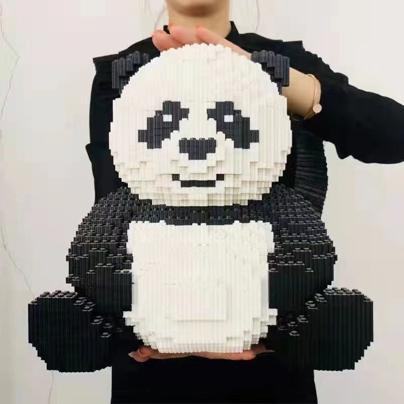 A lifelike building block panda 3D model set made of black and white blocks.