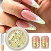 A set of iridescent opal and mermaid chrome nail glitter pigment shown alongside a hand with finished nails.