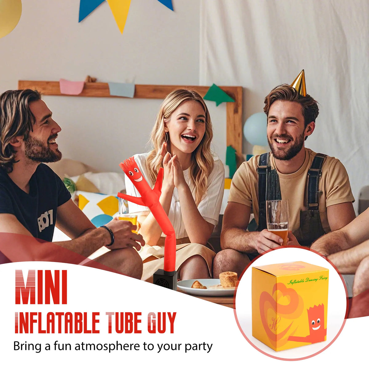 A man and a woman smiling while using a mini inflatable tube guy for party decor.