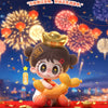 A cute figurine of a girl with black hair and a golden crown holding a yellow puppy, set against a festive background.