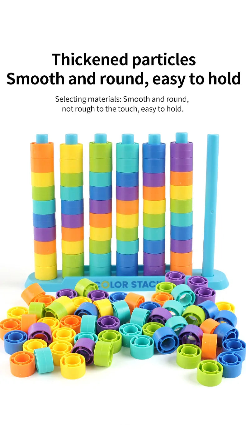 A colorful rainbow stacking ring toy set with various colored rings and a vertical holder.