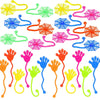 A collection of colorful stretchy sticky hands and spider web party favor toys.