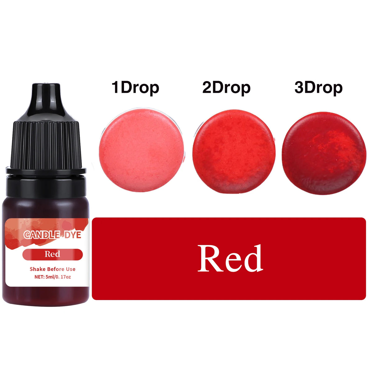 A bottle of red liquid candle dye with three dropper sizes labeled 1Drop, 2Drop, and 3Drop.