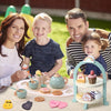 A wooden pretend play tea party set for kids featuring various cups, food items, and a stand.