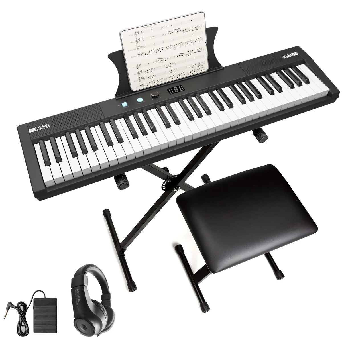 61-Key Portable Keyboard Piano with Stand, Bench, Headphones, and Pedal