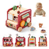 A set of five wooden Montessori busy boards for toddlers featuring various activities and components.