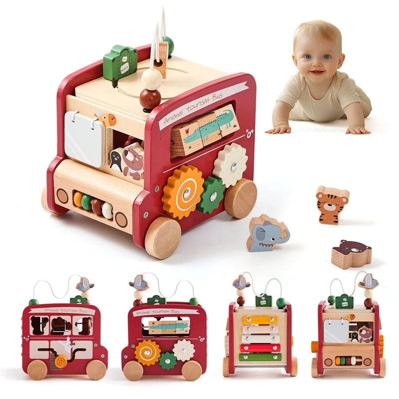 A set of five wooden Montessori busy boards for toddlers featuring various activities and components.