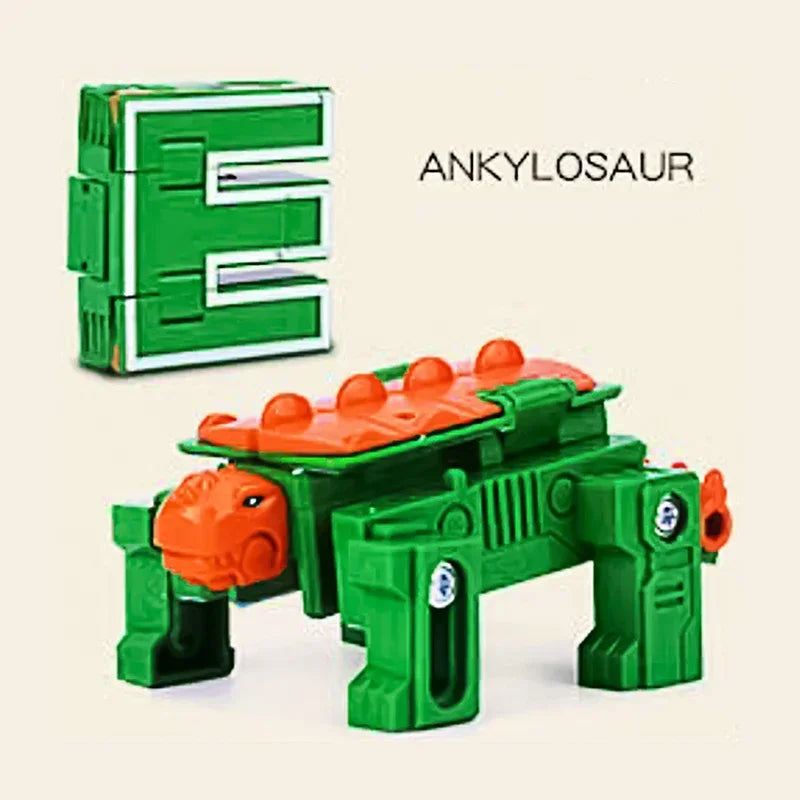 A green Ankylosaur robot toy figure next to the letter E, part of an alphabet learning set.