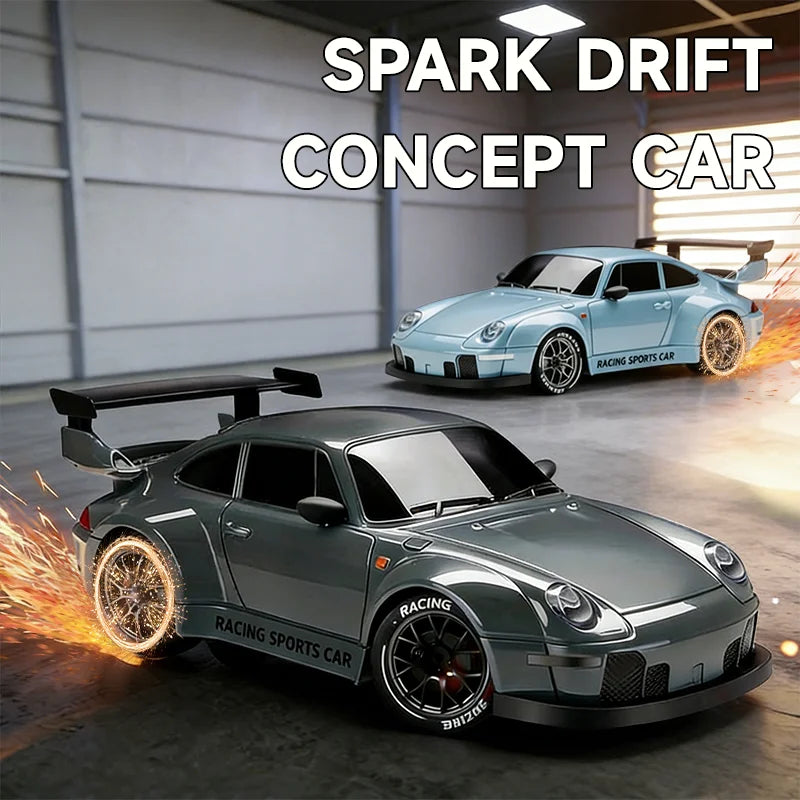A gray racing sports car concept model is shown in a dynamic pose with flames, set against an industrial background.