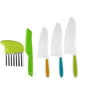 A set of five plastic play knives with green, white, and blue handles.