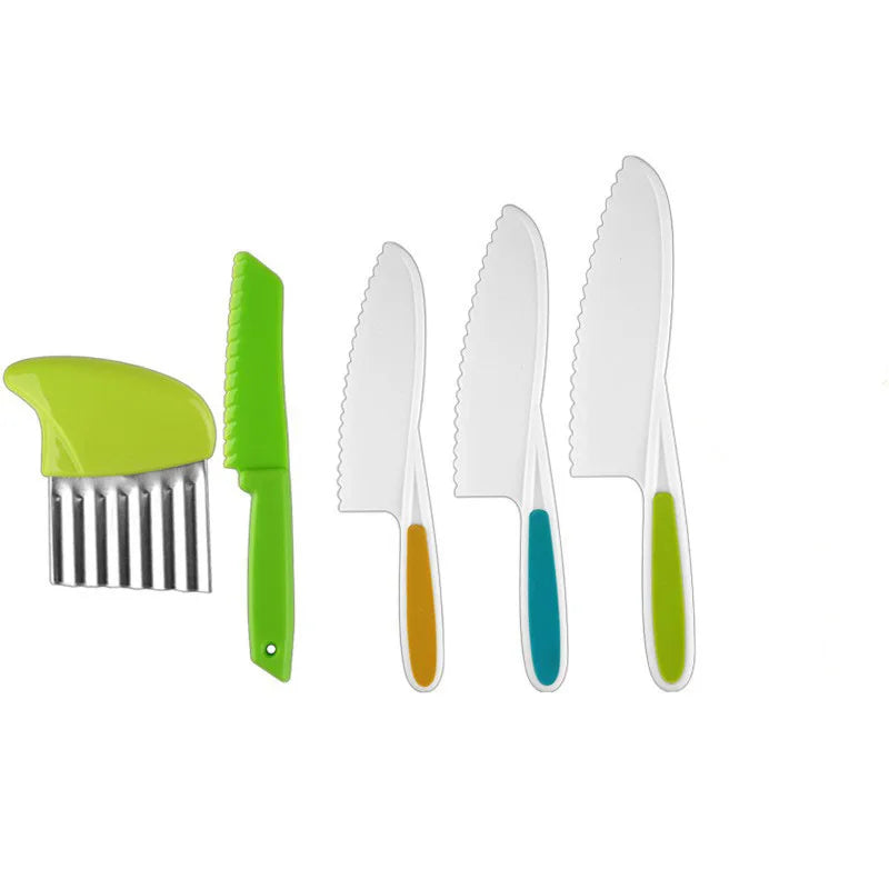 A set of five plastic play knives with green, white, and blue handles.