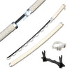 A long bamboo cosplay sword with a silver hilt and a black guard is shown diagonally.