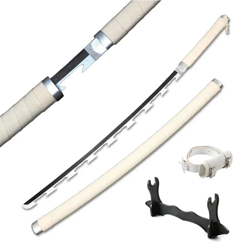 A long bamboo cosplay sword with a silver hilt and a black guard is shown diagonally.