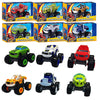 A collection of various monster truck toys and vehicles, including a green buggy, a blue truck, and a red off-road vehicle.