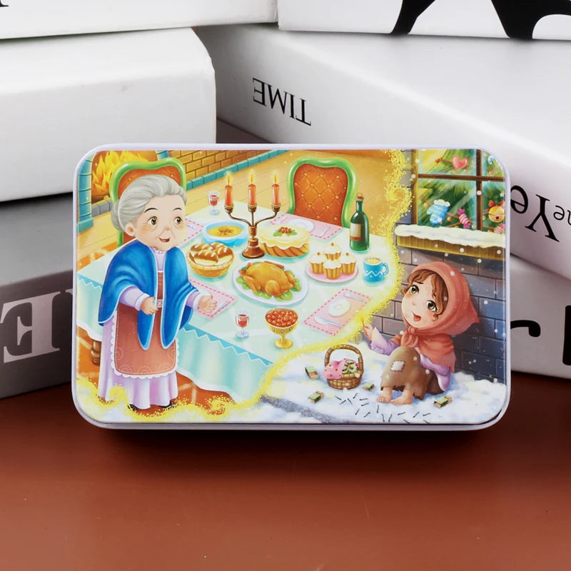 A colorful jigsaw puzzle featuring a scene with a grandmother, food, and a small animal.