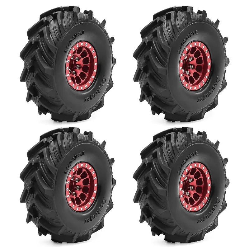 مجموعة إطارات عجلات معدنية سوداء بقفل خرز للزحف الآلي (RC crawlers) من زوايا متعددة.