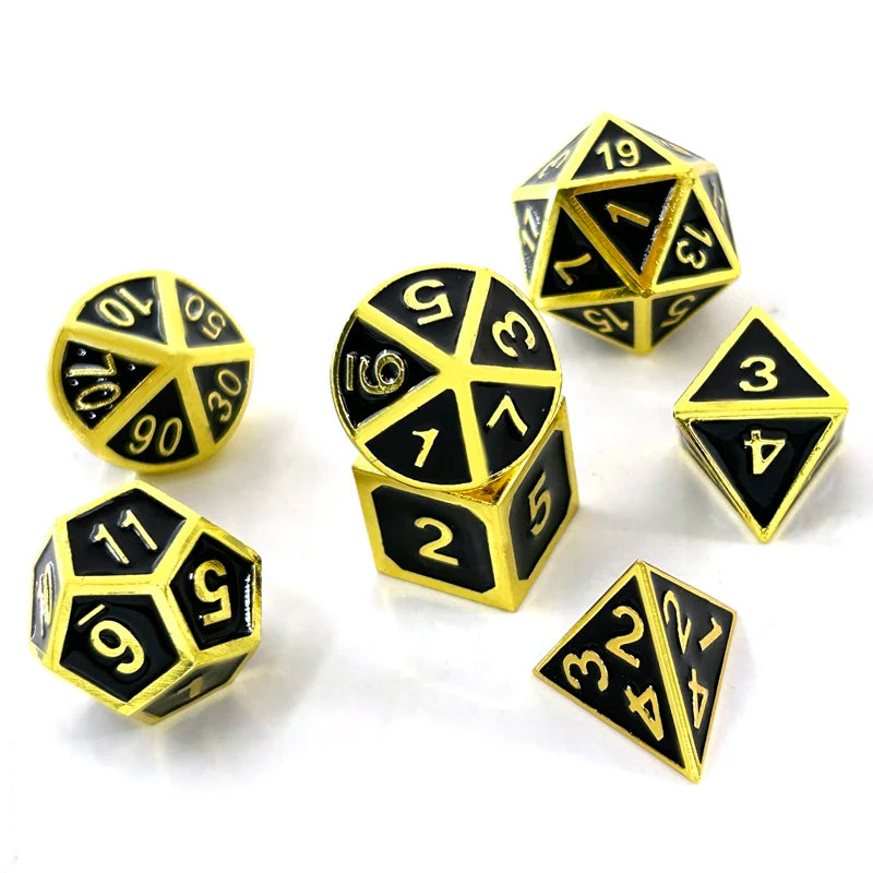A set of premium metal polyhedral dice with a multicolor gold finish, including a d10, d12, d20, and d30.