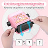 A pink math practice roller stamp is shown being used to set up a random rotation replacement question for multiplication and