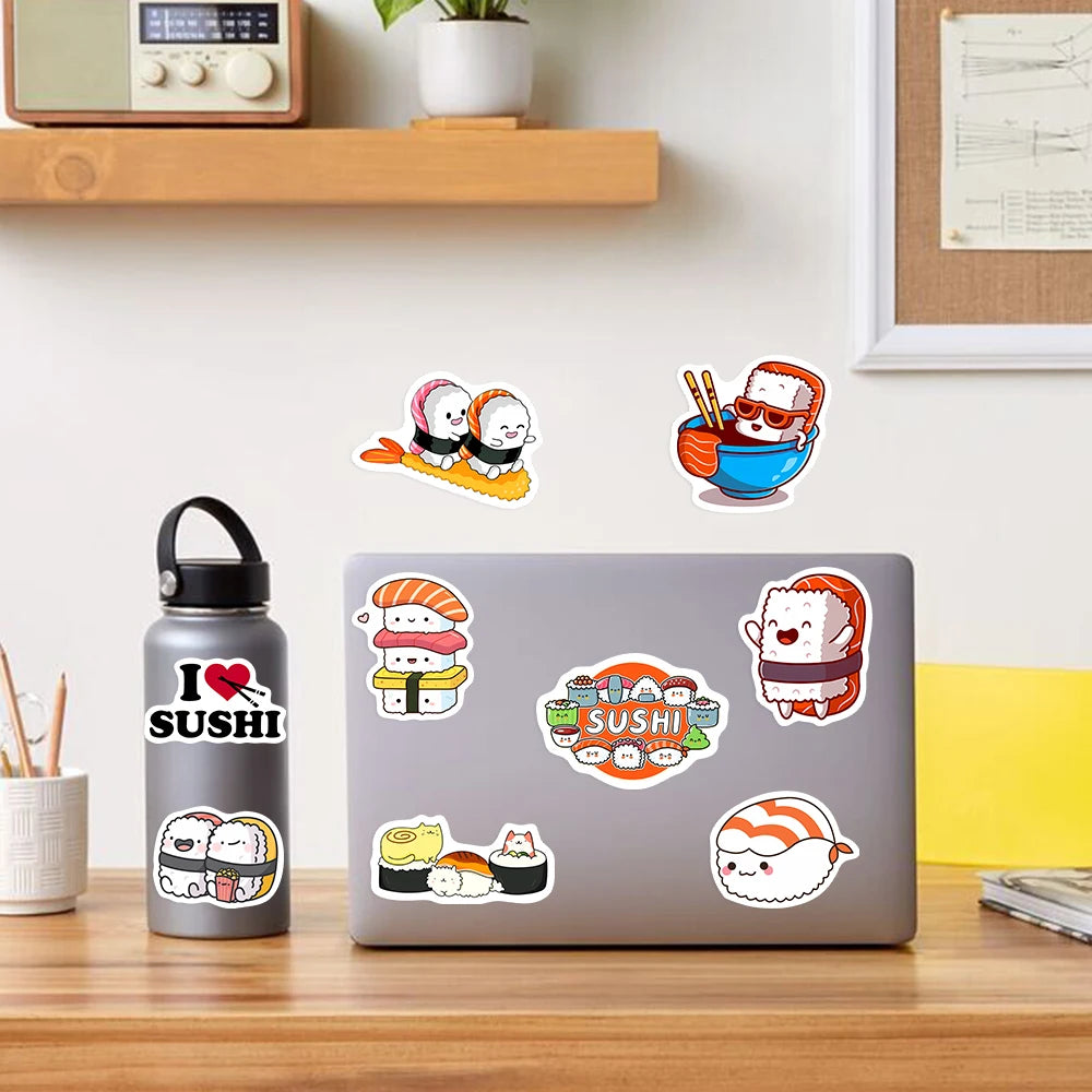 A set of kawaii sushi decal stickers featuring cute cartoon sushi characters on a laptop and water bottle.