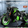 A black and lime green die-cast motorcycle model is shown in a dynamic angle against a dark background.