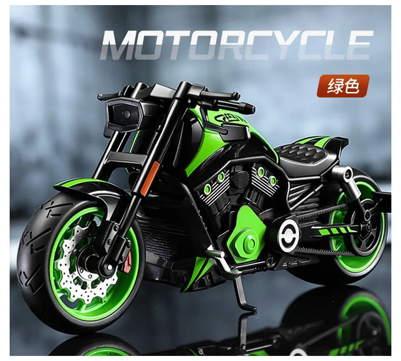 A black and lime green die-cast motorcycle model is shown in a dynamic angle against a dark background.
