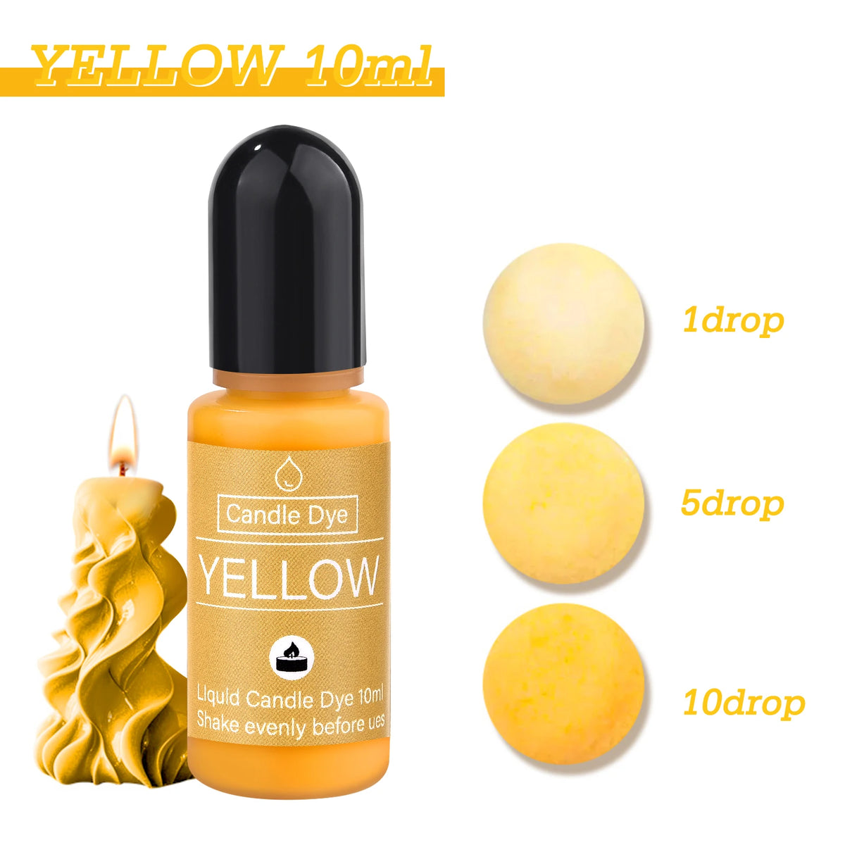 Yellow liquid candle dye in a glass bottle with dropper and sample drops