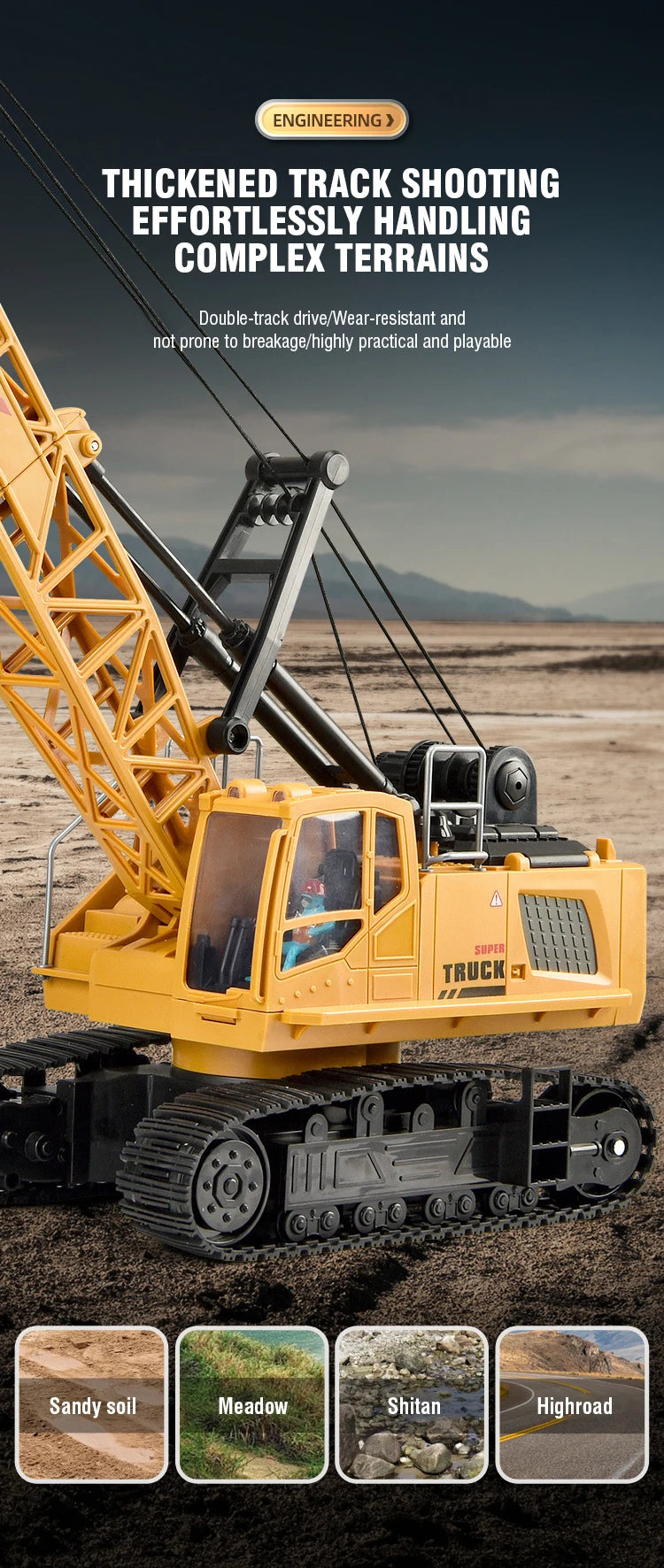 A yellow remote control spray crane truck is shown on a dirt terrain, demonstrating its ability to handle complex terrains.