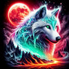 A digital painting of a wolf's head with glowing blue fur, set against a vibrant red moon and dark, fiery landscape.