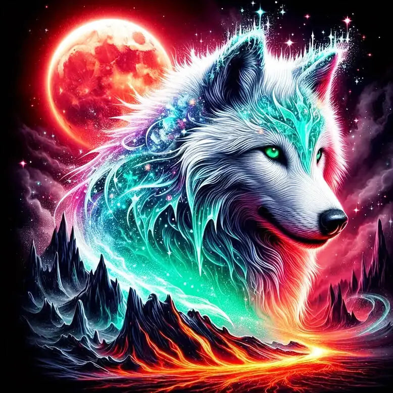 A digital painting of a wolf's head with glowing blue fur, set against a vibrant red moon and dark, fiery landscape.