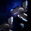 A set of metallic luminous fidget spinners with glowing blue accents against a dark, starry background.