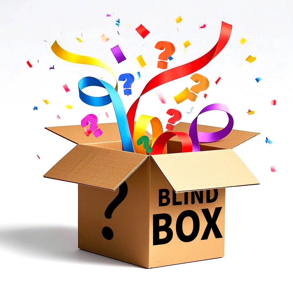 A brown cardboard box is open, with colorful ribbons and question mark shapes flying out of it.