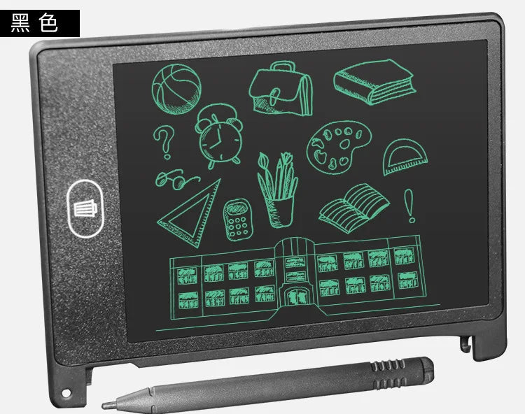 A black palm-sized LCD writing tablet displaying various icons like a basketball, clock, and book.